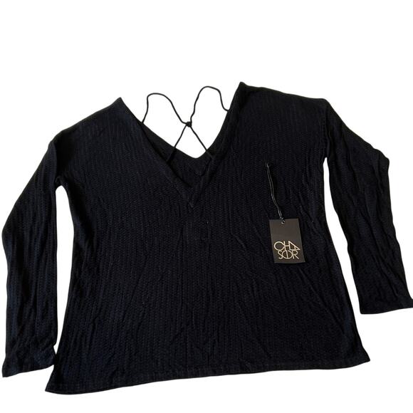 Chaser Off The Shoulder Sweater Women's Size M Black Long Sleeve V Neck NWT - Picture 2 of 7